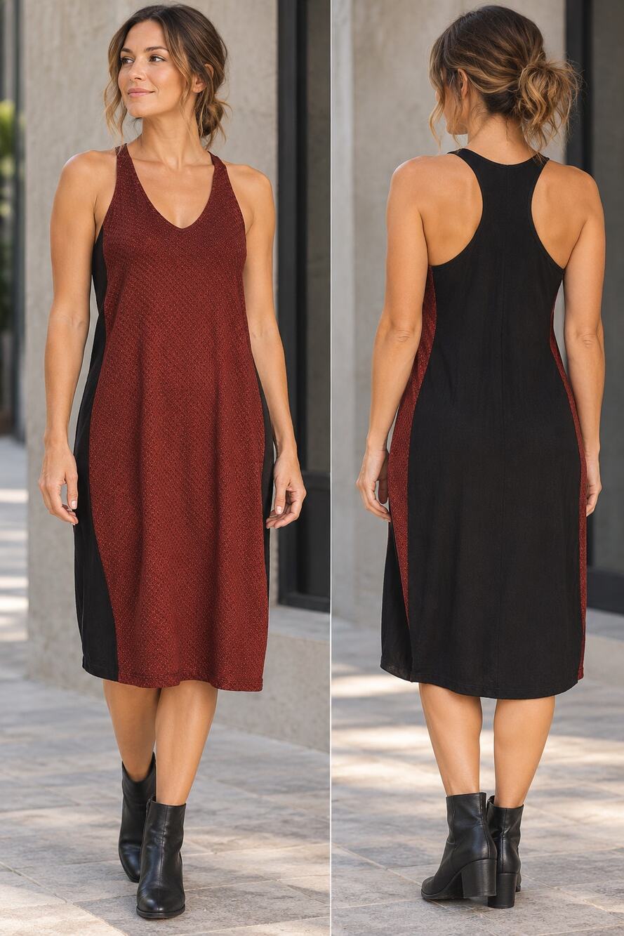 Black Rust Red Colorblock Midi Dress Racerback Textured Minimalist Octavia M